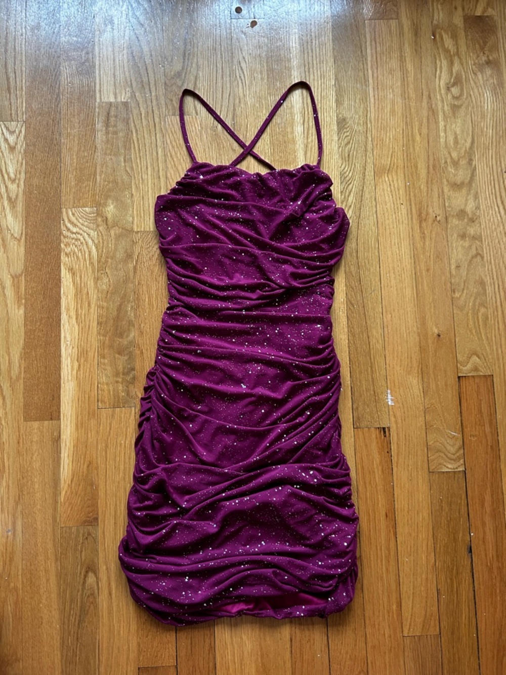 Plum Ruched Sparkle Slip Dress with Spaghetti Straps